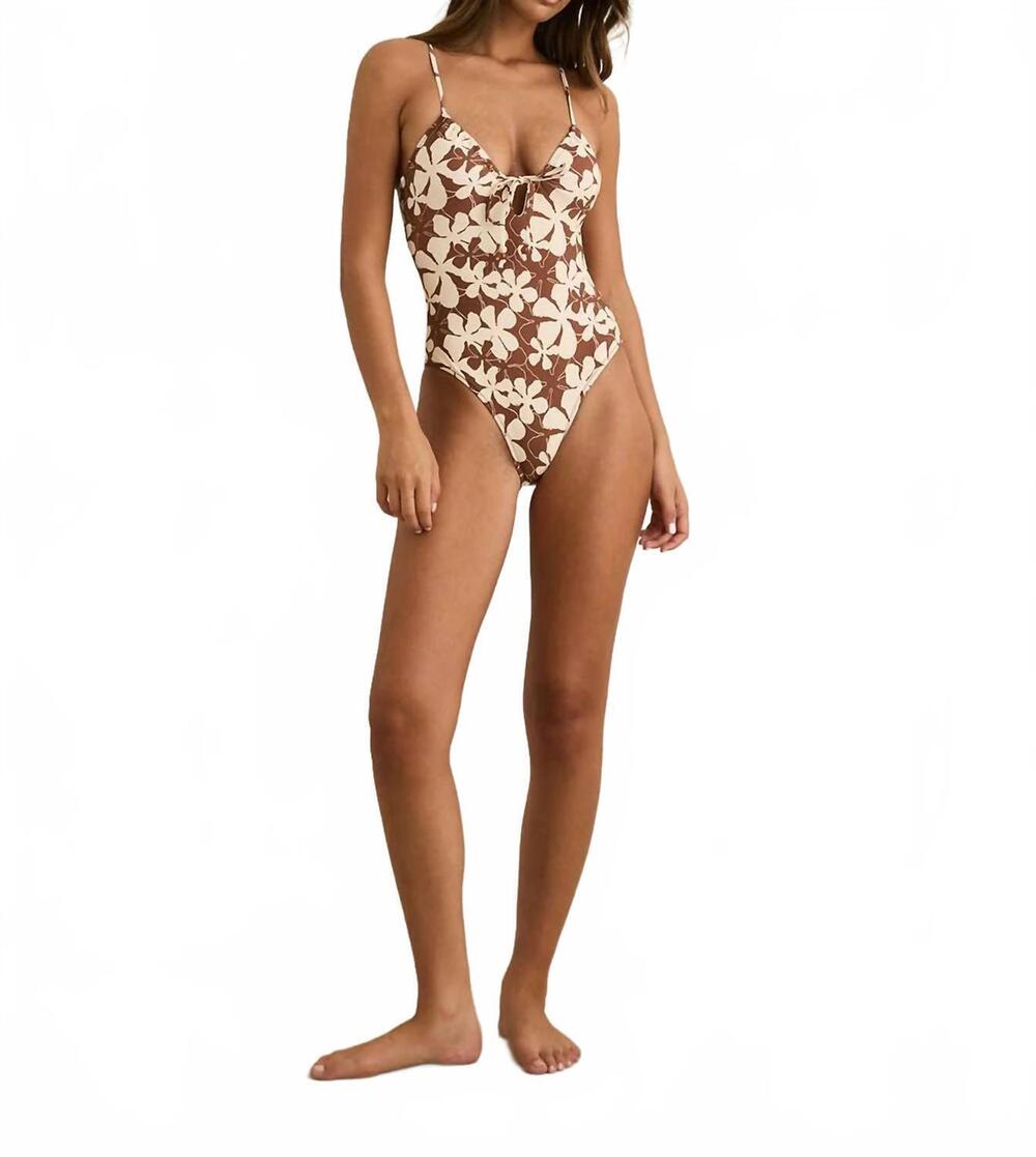 NEW RHYTHM. melia floral tie front one piece in chocolate